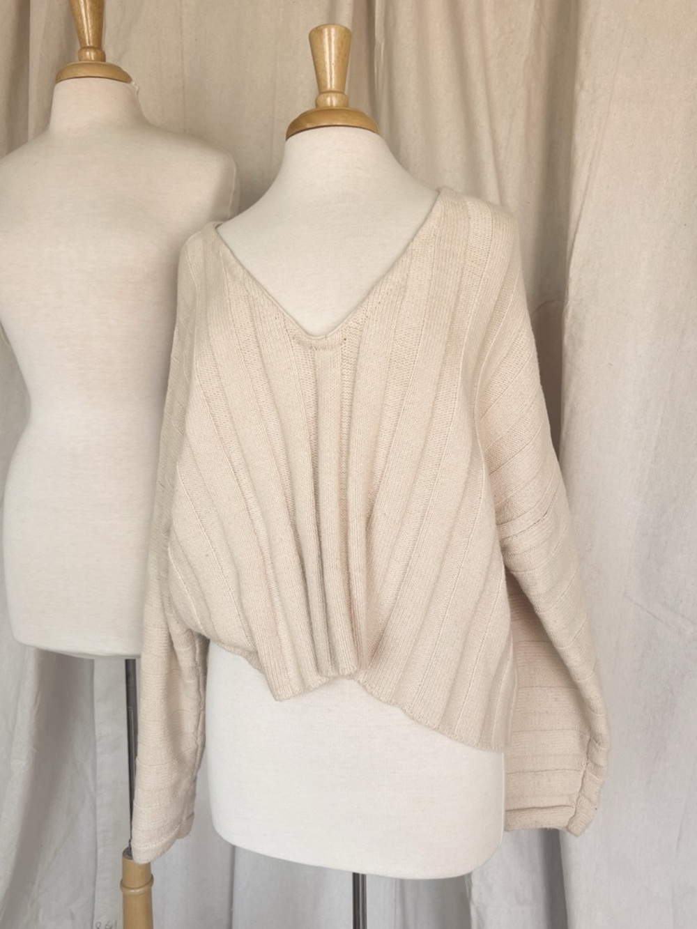 Cream Ribbed V-Neck Women's Sweater